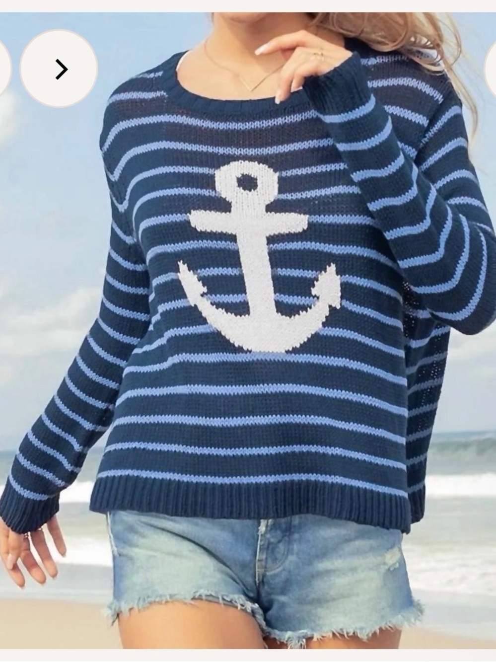 Wooden Ships Nautical Navy Light Blue Striped Anchor Crew Neck Chunky Sweater SM